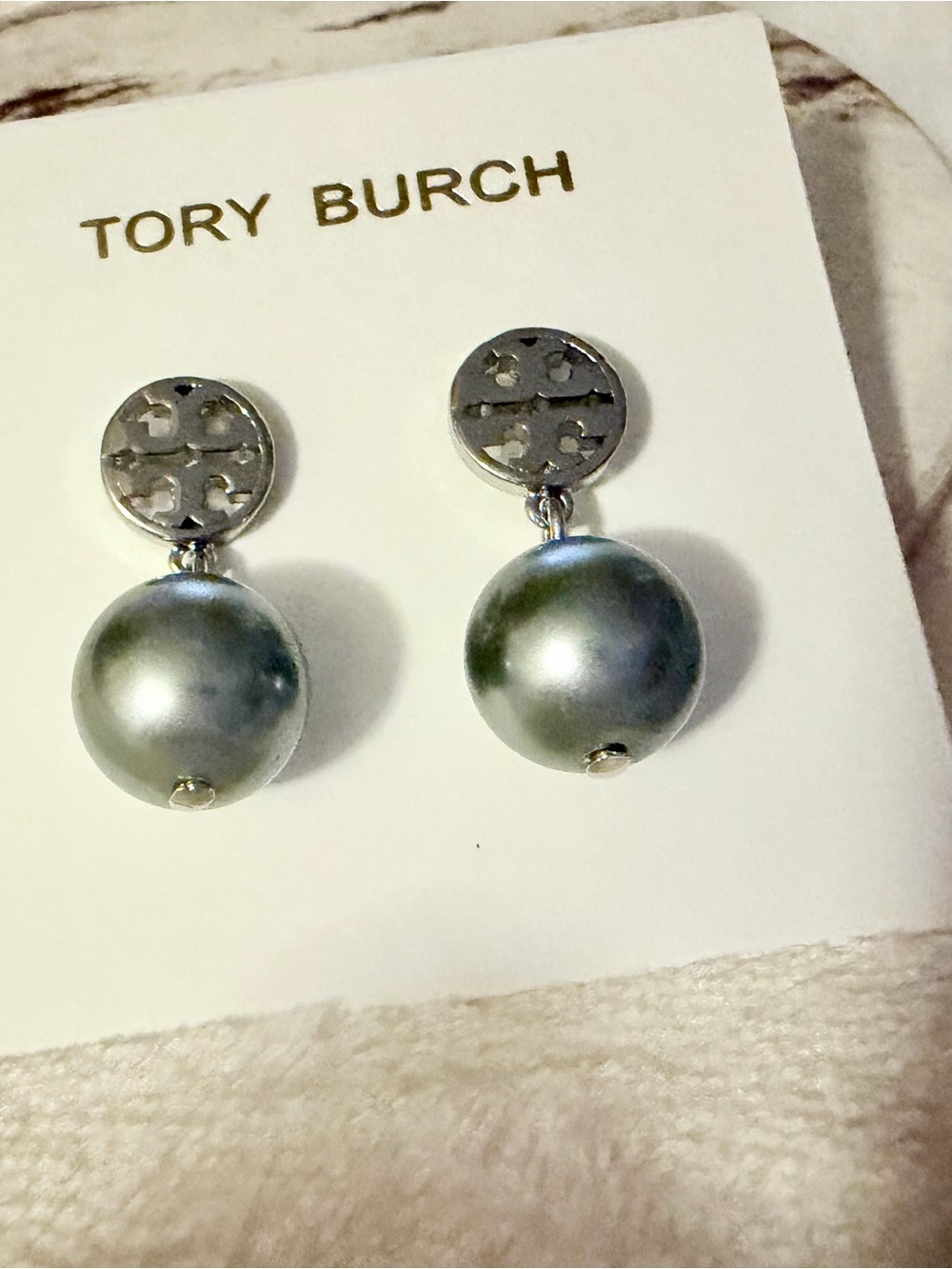 Tory Burch Silver-Tone Logo Drop Earrings with Gray Pearl Spheres